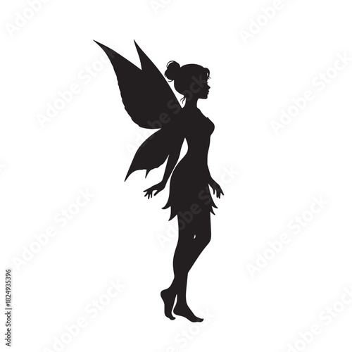 Elegant Side View Silhouette of Woman Fairy with Wings Fantasy Creature Vector Illustration on White