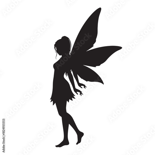 Elegant Silhouette of Standing Woman Fairy with Wings Fantasy Creature Vector Illustration on White