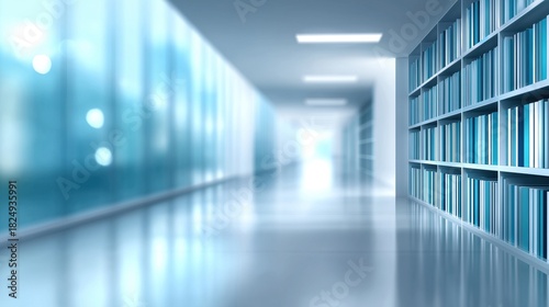 Blurred view of a modern library interior with bookshelves and large windows, creating a serene atmosphere.