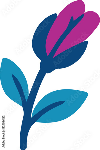 Purple Tulip Bud with Leaves Vector Illustration