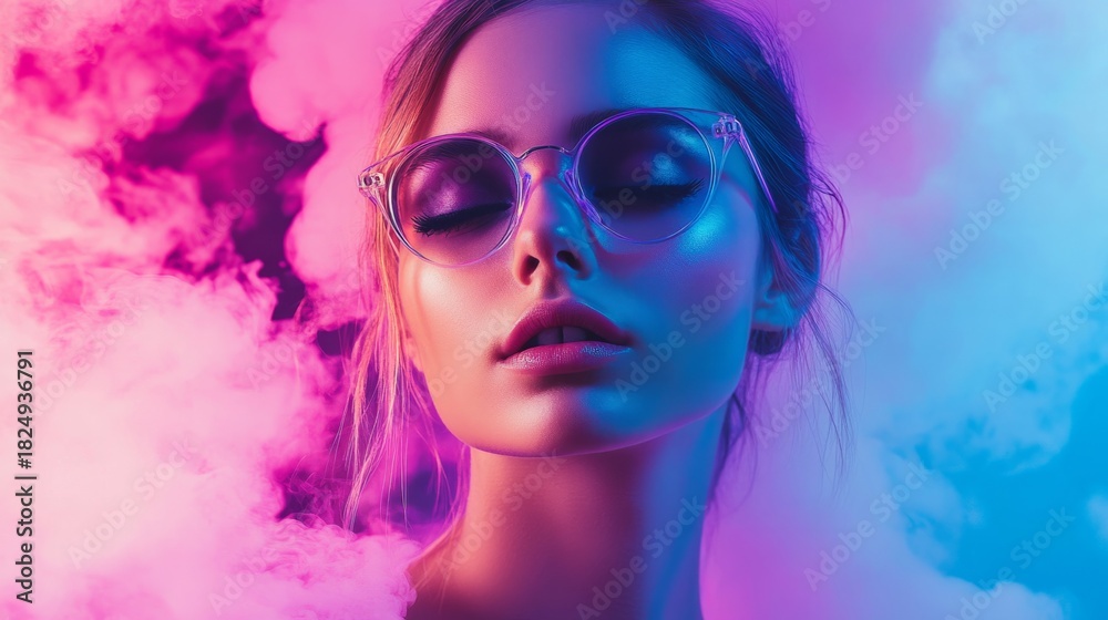 Fototapeta premium person with futuristic purple glasses on a neon purple technological background generative ai