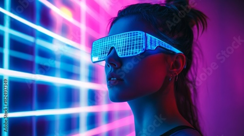 Photo of a person with futuristic blue glasses on a technological background in purple and neon blue generative ai