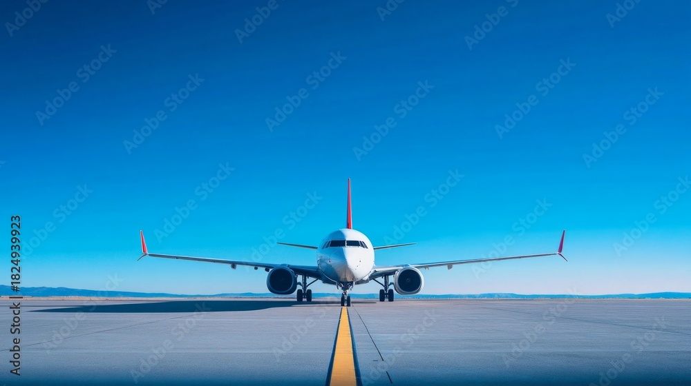 Naklejka premium Front view of an airplane piloting on a landing strip generative ai