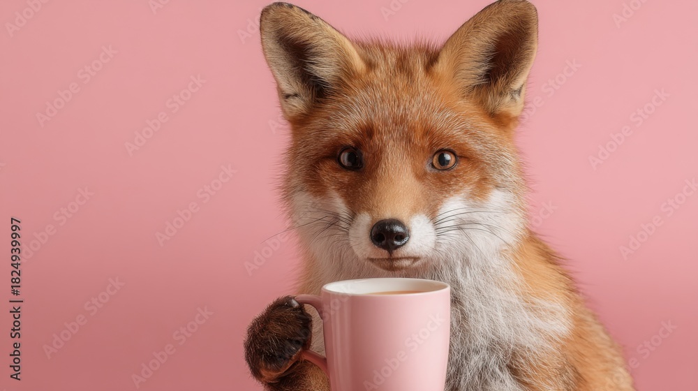 Obraz premium A fox sits comfortably with a pink cup, showcasing a friendly expression. The pastel background adds a warm atmosphere, perfect for relaxation.