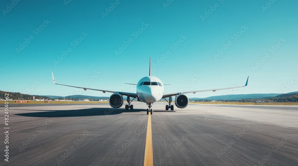 Obraz premium Front view of an airplane piloting on a landing strip generative ai