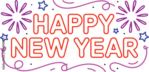 Festive Happy New Year vector design featuring fireworks and stars perfect for holiday greetings and celebrations