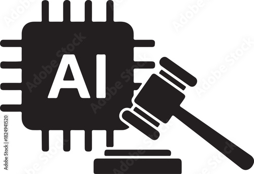Artificial intelligence legal concept illustration depicting the regulation, ethics, and justice surrounding ai technology development.