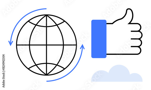 Global connectivity theme. Globe and arrows highlight global network concepts while thumbs-up s positive feedback in digital communication. Ideal for business, media, tech, global reach, social