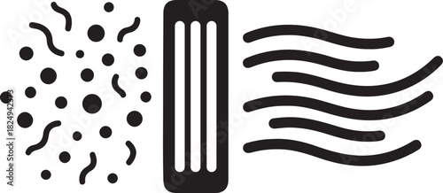 Air purification system icon illustrating dirty air passing through a filter, resulting in clean, fresh airflow, symbolizing improved indoor quality
