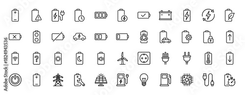 Energy and power line icon set. Vector pictograms of batteries, charging plugs, solar panel, and electric vehicles, thin linear illustration.