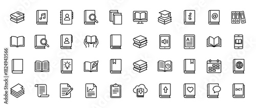 Education and knowledge line icon set. Vector pictograms of books, computer, calendar, and document, thin linear illustration.