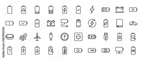 Energy and power line icon set. Vector pictograms of batteries, charging, solar, wind power, and electric vehicles, thin linear illustration.