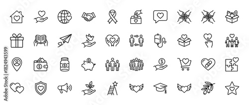 Charity and donation line icon set. Vector pictograms of heart, giving hands, blood bag, and money box, thin linear illustration.