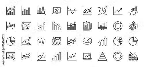 Business and finance line icon set. Vector pictograms of charts, graphs, analysis, and data visualization, thin linear illustration.