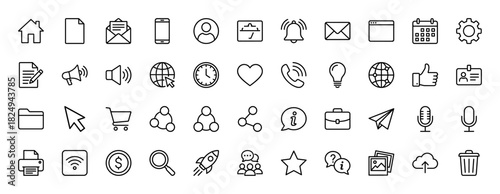 Business and web interface line icon set. Vector pictograms of smartphone, calendar, mail, profile, shopping cart, and settings, thin linear illustration.