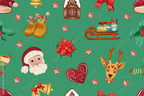Christmas elements vector seamless pattern. Festive pastry and sweets. Christmas design for wrapping paper, fabric, textile, print.
