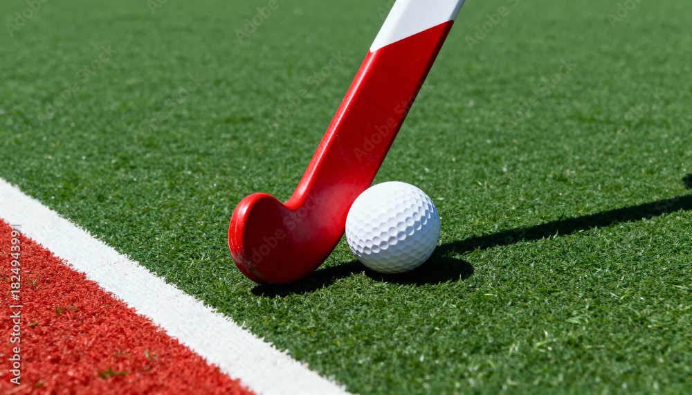 Obraz premium A close-up of a field hockey stick and ball on a green artificial turf field. Red sports equipment for a game or practice. Athletic competition concept