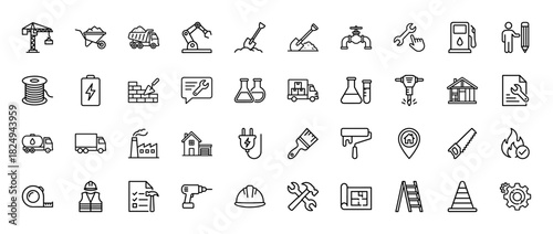 Construction and engineering line icon set. Vector pictograms of wheelbarrow, crane, hardhat, tools, and blueprint, thin linear illustration.