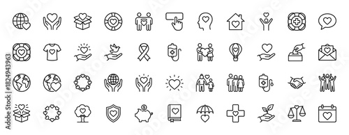 Charity and donation line icon set. Vector pictograms of heart in hands, globe, blood donation, piggy bank, and family, thin linear illustration.