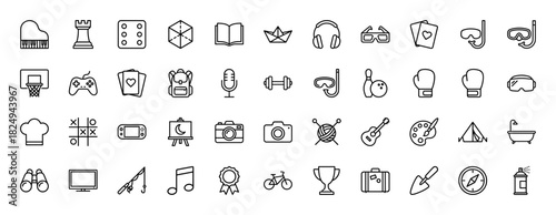 Hobbies and leisure line icon set. Vector pictograms of piano, chess, game, cards, sport, camera, painting, guitar, camping, fishing, travel, thin linear illustration.