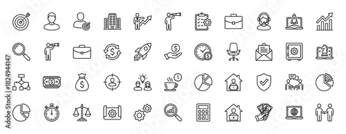 Business and finance line icon set. Vector pictograms of growth chart, target, briefcase, magnifying glass, and calculator, thin linear illustration.