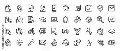 Business and success line icon set. Vector pictograms of certificate, calendar, checkmark, document, and delivery, thin linear illustration.