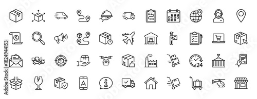 Logistics and shipping line icon set. Vector pictograms of delivery trucks, drones, warehouses, calendar, and package tracking, thin linear illustration.