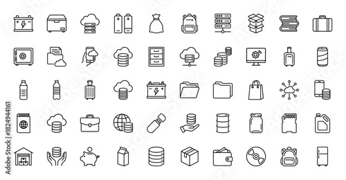 Data, storage, and logistics line icon set. Vector pictograms of server, cloud, battery, wallet, and storage media, thin linear illustration.