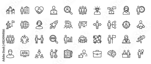 Business line icon set. Vector pictograms of teamwork, management, leadership, career development, and strategy, thin linear illustration.
