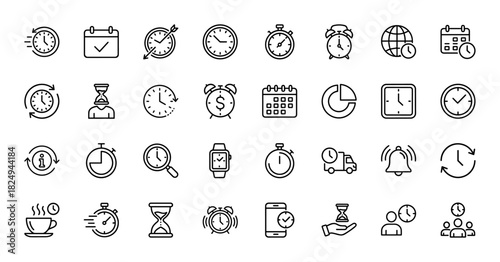 Business management and time organization line icon set. Vector pictograms of stopwatch, calendar, alarm clock, hourglass, and delivery truck, thin linear illustration.