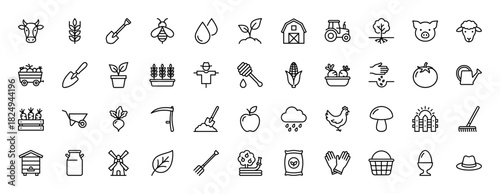 Agriculture line icon set. Vector pictograms of farm animals, equipment, tools, and produce, thin linear illustration.