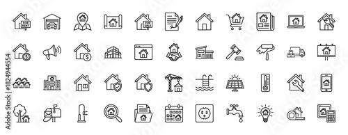 Real estate line icon set. Vector pictograms of house, mortgage, contract, construction, sale, and rent, thin linear illustration.