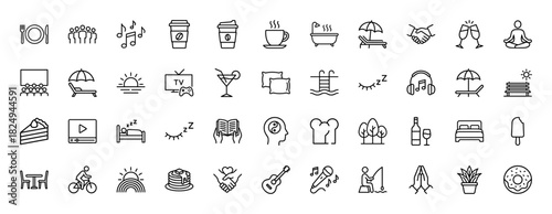 Leisure and relaxation line icon set. Vector pictograms of music notes, coffee, bathtub, sleeping, cooking, and reading, thin linear illustration.