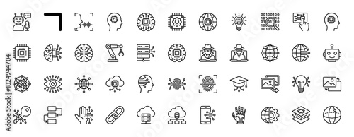 Technology and artificial intelligence line icon set. Vector pictograms of machine learning, robotics, cloud computing, and cybersecurity, thin linear illustration.