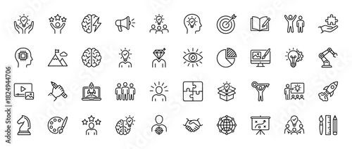 Creativity and innovation line icon set. Vector pictograms of idea, brainstorming, brain, lightbulb, strategy, design, rocket, puzzle, target. Thin linear illustration.
