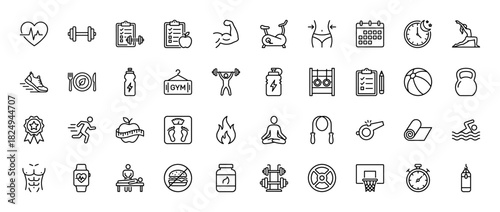 Fitness and health line icon set. Vector pictograms of gym equipment, training activities, nutrition, and wellness, thin linear illustration.