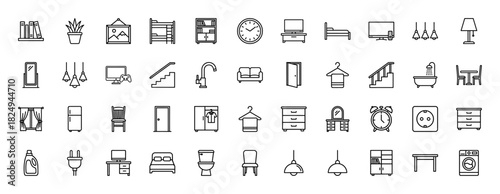 Home furniture and domestic living outline icon set. Vector pictograms of chairs, beds, appliances, and lighting fixtures, thin linear illustration.