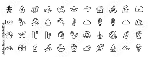 Ecology and renewable energy line icon set. Vector pictograms of wind, water, solar panels, factory, and recycling symbols, thin linear illustration.