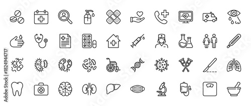 Medical and healthcare line icon set. Vector pictograms of stethoscope, syringe, virus, dna, ambulance, brain, lungs, pill, thermometer, mask, thin linear illustration.