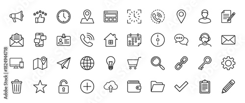 Business and communication line icon set. Vector pictograms of map pointer, clock, envelope, phone, and gear, thin linear illustration.