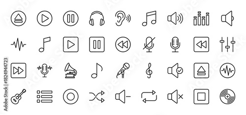 Music and audio line icon set. Vector pictograms of play, pause, rewind, volume, notes, and microphone, thin linear illustration.