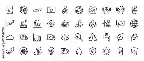 Ecology and sustainability line icon set. Vector pictograms of recycling, renewable energy, eco-friendly transport, and natural resources, thin linear illustration.