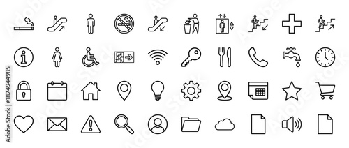 Universal navigation line icon set. Vector pictograms of elevator, calendar, wifi, phone, and location, thin linear illustration.