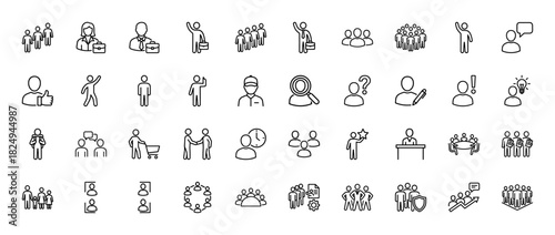 Business line icon set. Vector pictograms of team, meeting, employee, office, management, and corporate staff, thin linear illustration.