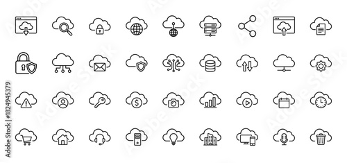 Cloud computing line icon set. Vector pictograms of server, database, security, network, storage, sync, upload, download, and connectivity, thin linear illustration.