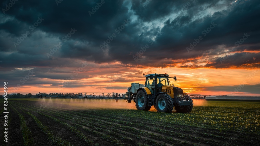 Fototapeta premium A tractor is seen spraying crops in a vast rural field as the sun sets, casting vibrant colors across the sky and creating an atmospheric landscape.