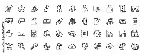 Finance and money line icon set. Vector pictograms of dollar bag, wallet, calculator, piggy bank, and exchange, thin linear illustration.