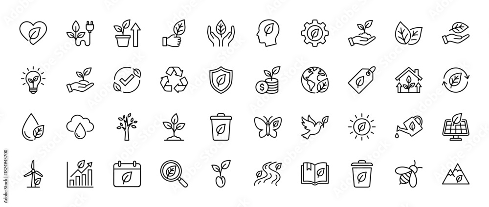 Fototapeta premium Ecology and environment line icon set. Vector pictograms of nature, recycling, solar energy, water drop, and plant care, thin linear illustration.