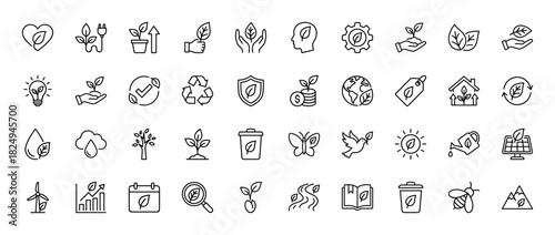 Ecology and environment line icon set. Vector pictograms of nature, recycling, solar energy, water drop, and plant care, thin linear illustration.