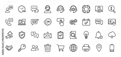 Customer service and support line icon set. Vector pictograms of headset, 24h clock, question mark, and magnifying glass, thin linear illustration.